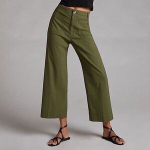 Maeve Anthropologie The Colette Wide Leg Crop Pants Olive Green Linen Blend 29